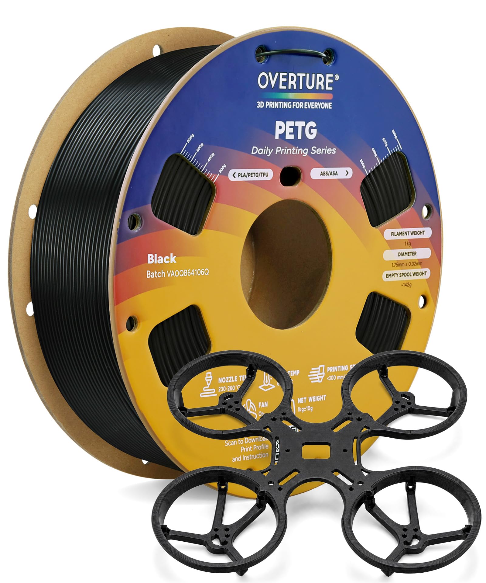 OVERTURE Rapid PETG 3D Printer Filament 1.75mm, 1kg Black | Strong & Tougher, Sm