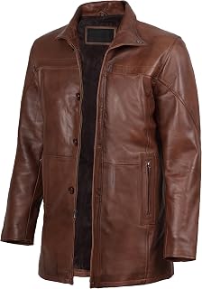 Blingsoul Men's Leather Car Coat - Real Lambskin Long Leather Jacket Men, Mid-Thigh Genuine Leather Coat for Men