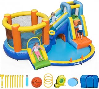 Bounce House, 8 in 1 Blow Up Kids Inflatable Bouncy House with Jumping Double Slide and 450W Blower, Kids Bouncehouse with Climbing Wall Basketball for Indoor Outdoor Backyard Summer Fun
