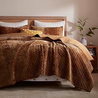 LEAONME Velvet Quilt California King Size 118''x106'', Lightweight Caramel Velvet Comforter Set with 2 Matching Shams, Soft Cross Stitch Bedspread Coverlet, Oversized King Bedding Set for All Season