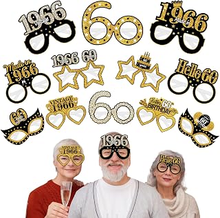 Turypaty 24Pcs 1966 60th Birthday Paper Glasses Decorations for Men Women - Black Gold Happy 60th Birthday Paper Eyeglasses Photo Props, Vintage 1966 Sixty Years Old Birthday Party Supplies