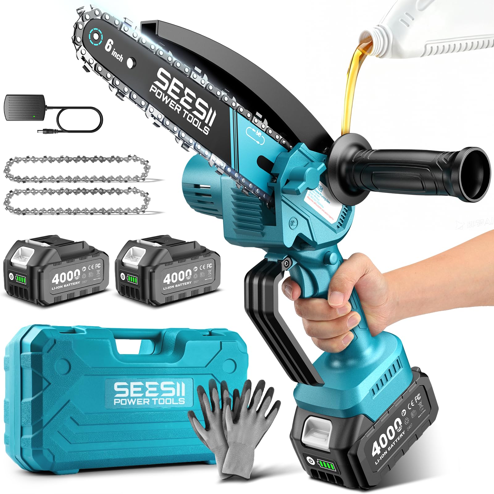 SEESII Mini Chainsaw Cordless 6 Inch with 2×4000mAh Batteries | Electric Saws fo