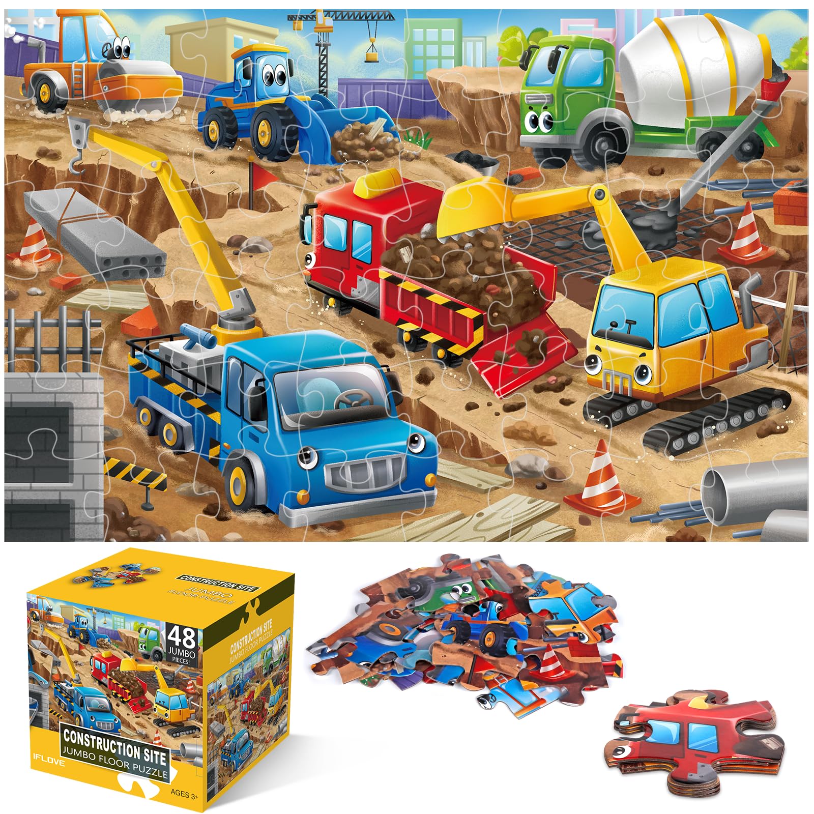 Jumbo Floor Puzzle for Kids,48 Piece Construction Site Jigsaw Puzzle | Construct