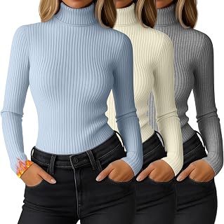 Ficerd 3 Pack Women's Ribbed Thermal Turtleneck Long Sleeve Tops