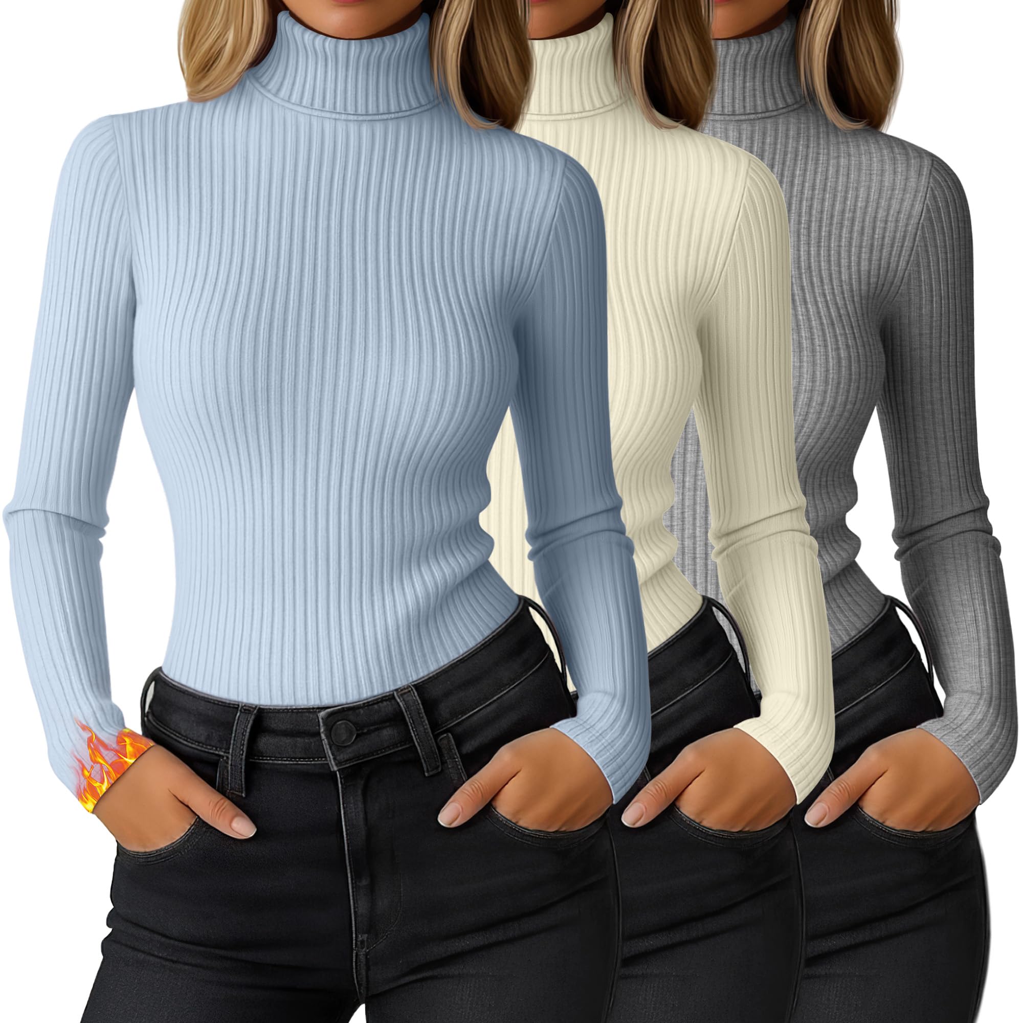 Ficerd 3 Pack Women's Ribbed Thermal Turtleneck Long Sleeve Tops