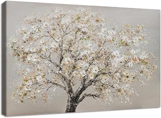 Wooden Framed Canvas Wall Art Blossom Cerasus Tree Painting Poster Gallery Wrapped Canvas Prints Wall Artwork Khaki Floral Pictures for Living Room Bedroom Bathroom Hallway Home Wall Decor 40x60cm