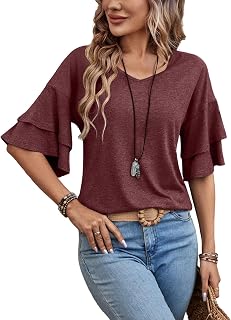 Sialois Womens Top Ruffle Sleeve T Shirts V Neck Double Tiered Half Bell Blouses Spring Summer Fall Fashion Clothes