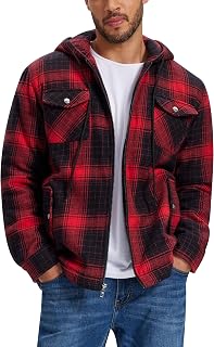 MoFiz Men's Plaid Flannel Shirt Winter Lined Cotton Jacket Woodman Shirt Long Sleeve with Hood and Five Pockets