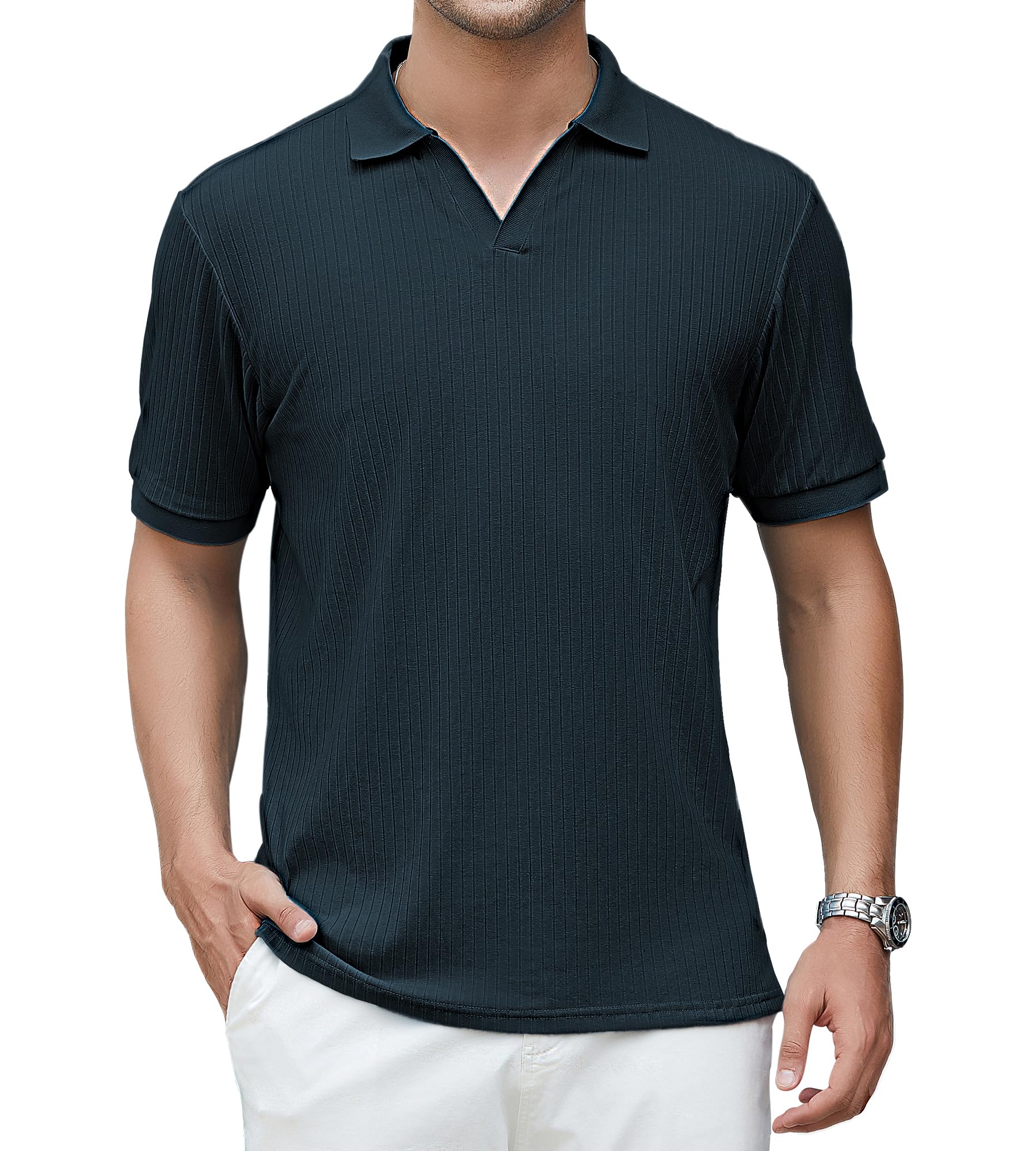 Alex Vando Polo da uomo in maglia con scollo a V, casual, a maniche corte, vesti