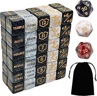 63 PCS MTG Counter Dice Set - AbilityKeyword Counters, -1/+1 Life Counter, Shield Life Counter Dice, Creature Stat Buffs, Marble Colour D6 Cube Dice, for MTG, TCG, Card Games (Includes Black Bag)
