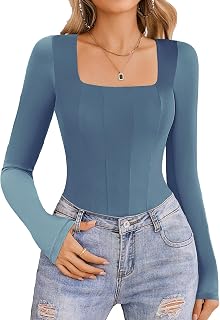 Avidlove Women's Long Sleeve Bodysuits Square Neck One Piece Body Suit Mesh Leotard Tops Double Lined Soft