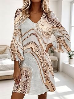Women's Floral Print V Neck Bell Sleeve Vintage Lightweight Casual Holiday Beach Dress