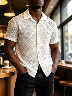 Men's Hollow Lace Collar Breathable Openwork Short Sleeve Button Down Shirt Beach Resort Vacation Summer Casual Wear
