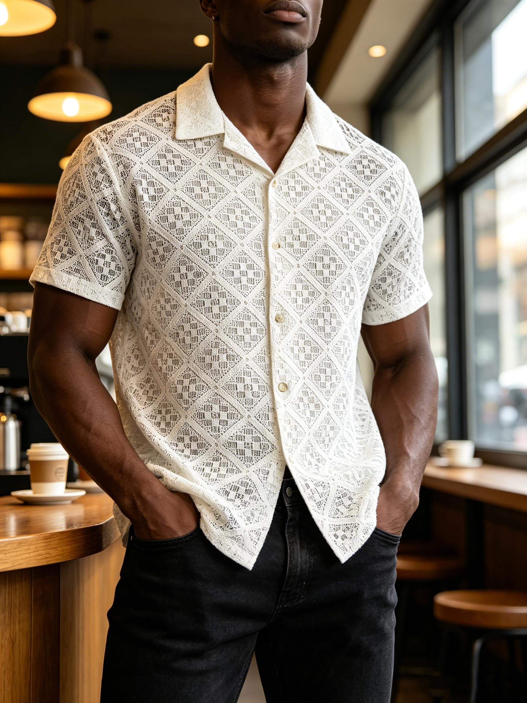 Men's Hollow Lace Collar Breathable Openwork Short Sleeve Button Down Shirt Beac