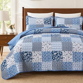 Mybedsoul King Size Quilt, Boho Patchwork Floral Bedding Set, Blue | Soft Lightweight Microfiber Coverlet Set, 3 Pieces Plaid Reversible Bedspread, Bed Sets for All Seasons 90"x110"