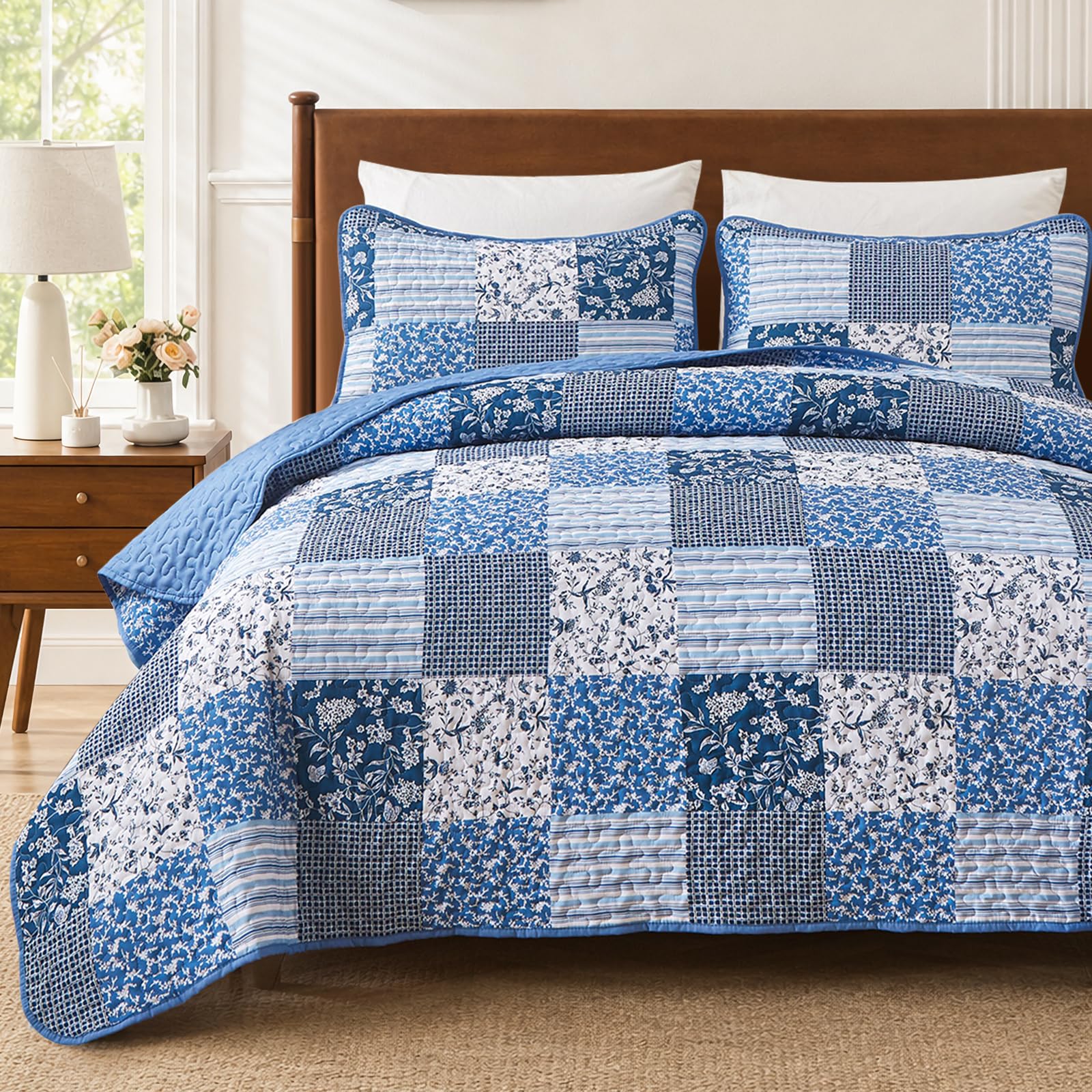 Mybedsoul King Size Quilt, Boho Patchwork Floral Bedding Set, Blue | Soft Lightw