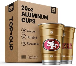 Top Cup NFL San Francisco 49ers Aluminum Party Cups, 20oz, 20 Count | Made in the USA, Colder, Durable, Reusable, Recycleable, Dishwasher Safe