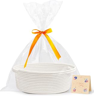 Pro Goleem Small Woven Basket with Gift Bags and Ribbons Durable Baskets for Gifts Empty Small Rope Basket for Storage 12"X 8" X 5" Baby Toy Bin with Handles, White