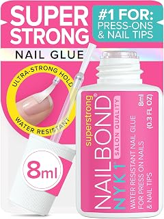 NYK1 Super Strong Nail Glue for Press On Nails, Nail Tips &amp; Acrylics | 8ml | NailBond Brush On Glue for Press Ons, Tips &amp; Acrylics - Long Lasting, Maximum Strength, Mess-Free Application