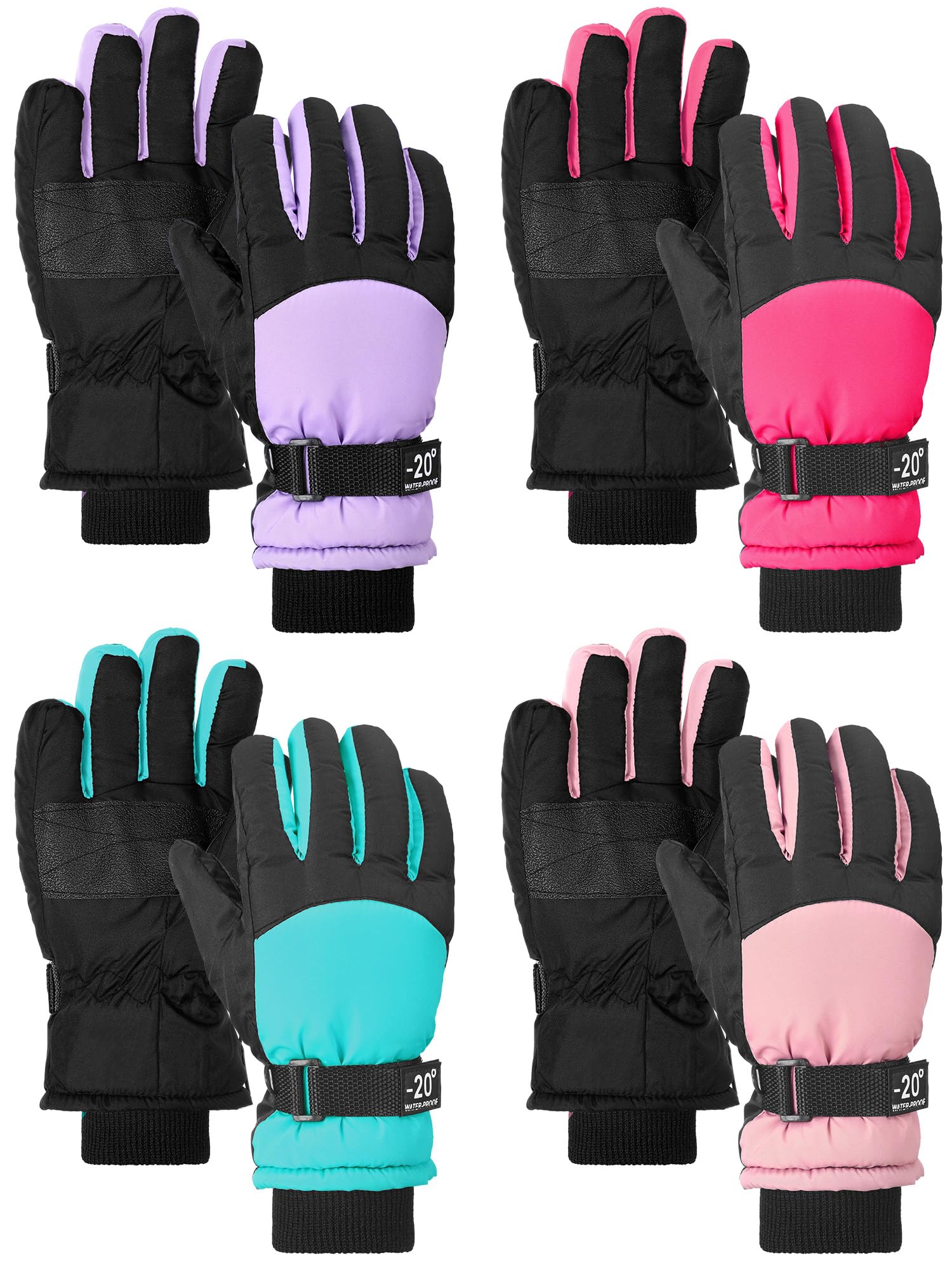 Hicarer 4 Pairs Winter Kids Waterproof Gloves Snow Gloves