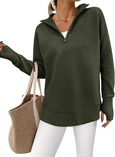 PRETTYGARDEN Women's Long Sleeve Quarter Zip Casual V Neck Ribbed Thumb Hole Sweater Tops