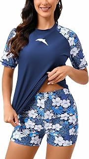 Halcurt Womens UPF 50 Short Sleeve Rash Guard Swimsuit 2 Piece Swimsuit