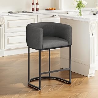 VATROS 24.4" H Counter Height Bar Stools, Modern Barrel Counter Stools with Backrest and Arms, Linen Fabric Upholstered Accent Barstools for Kitchen Island (Carbon Black)