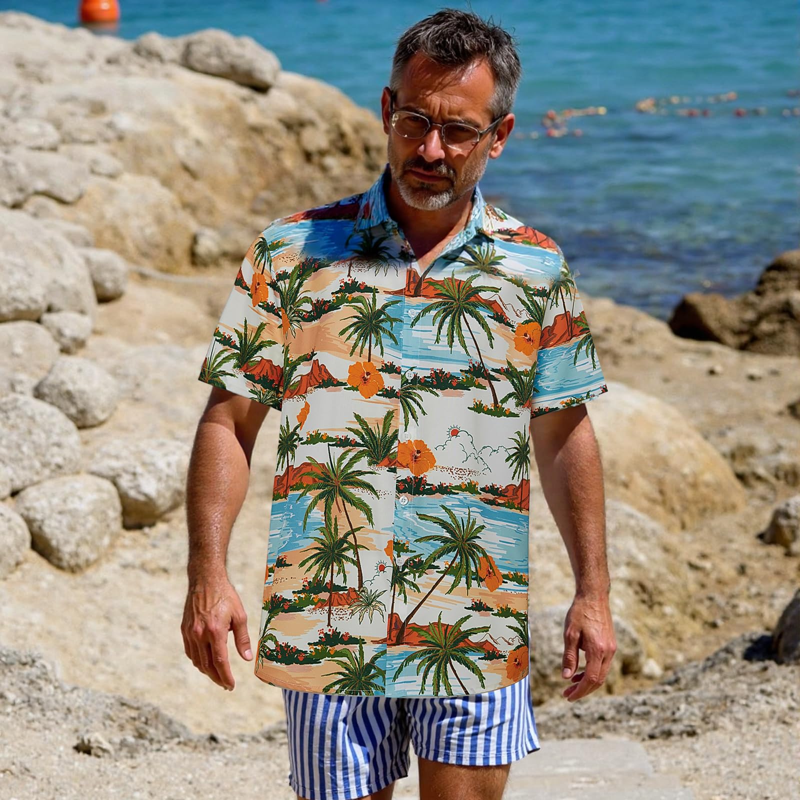 Mens Short Sleeve Floral Print Casual Tropical Button Down Shirt Summer Holiday