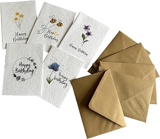 Seeded Birthday Cards Multipack (Pack of 5) – Handmade Wildflower Seed Paper Cards with Kraft Envelopes – Sustainable Birthday Card Set for Her, Friends & Family