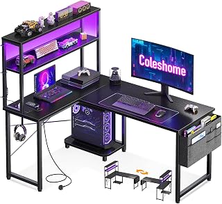 Coleshome L Shaped Gaming Desk with LED Lights & Power Outlet, Black | 110 × 80 cm Reversible Computer Desk with Shelves, Corner Desks with Storage Bag & Hook for Home Office