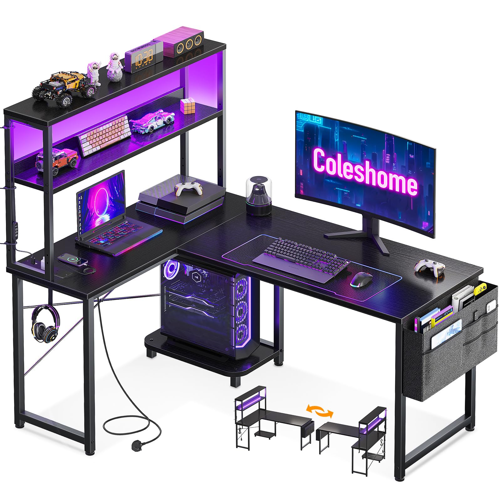 Coleshome L Shaped Gaming Desk with LED Lights & Power Outlet, Black | 110 × 80 