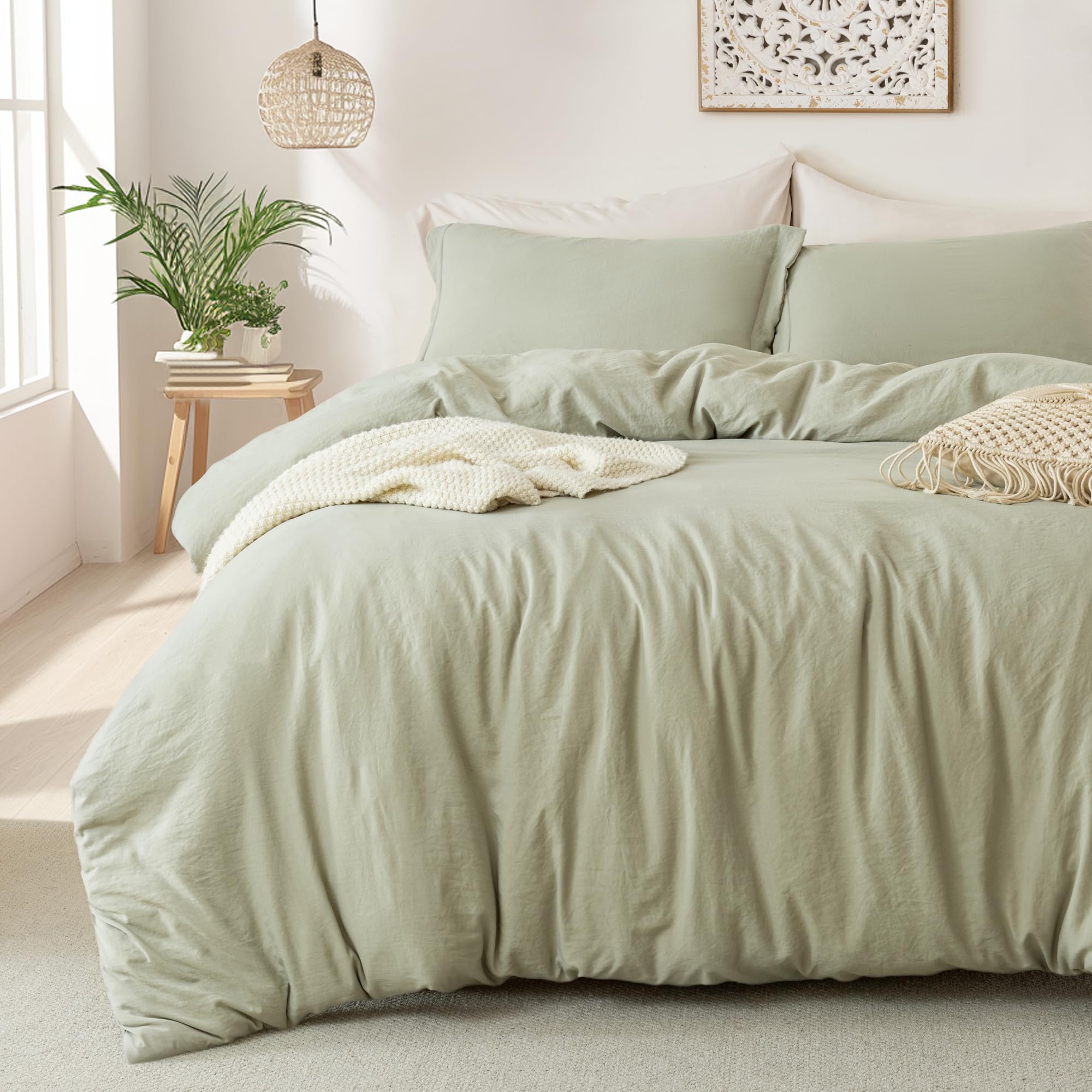 MILDLY Duvet Cover Queen Ultra Soft Comforter Cover Set 3pcs, Mist Sage | Washed