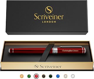 Scriveiner Personalised Carmine Red Pen - Luxury Red Lacquered Pen with Chrome Finish, Schmidt Refill, Engraved Stylish Gift for Men and Women, Personalised Name Engraving
