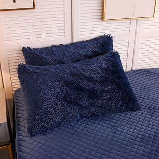 LIFEREVO 2 Pack Fluffy Faux Fur King Pillow Cases with Zipper, Navy Blue