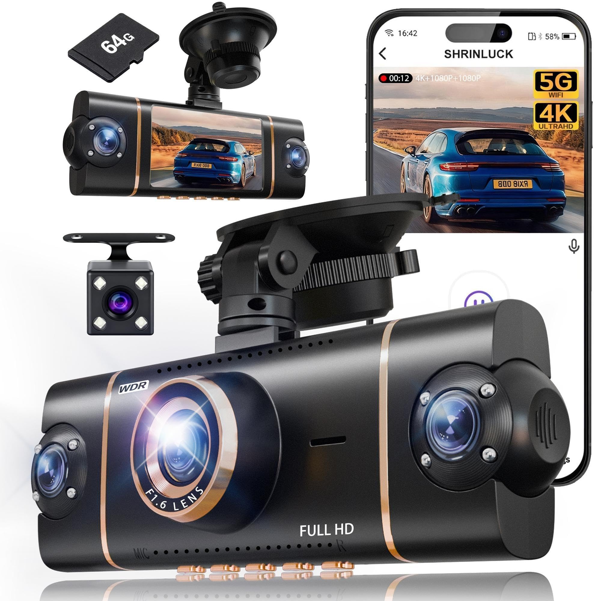 4 Channel Dash Cam Front 4K Rear Side 1080P, 5G WiFi GPS Car Camera | Includes 6