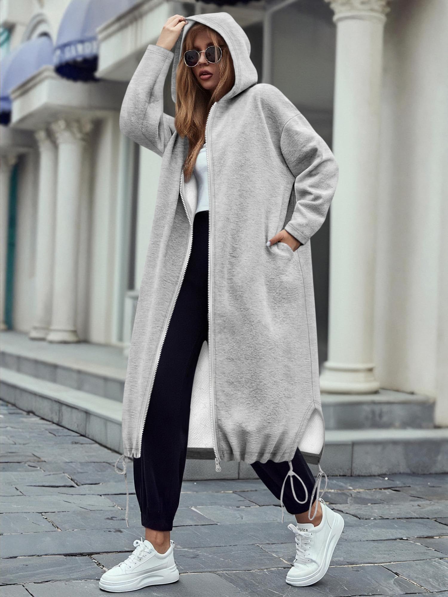 Women's Double-Opening Zip Up Hoodies Oversized Long Tunic Sweatshirts Casual 20