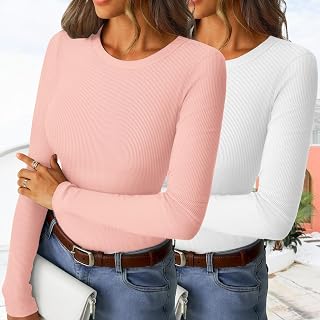 Confezione da 2 camicette da donna a maniche lunghe con maglia a costine, da lavoro, ufficio, basic top autunnali, elasticizzate, casual