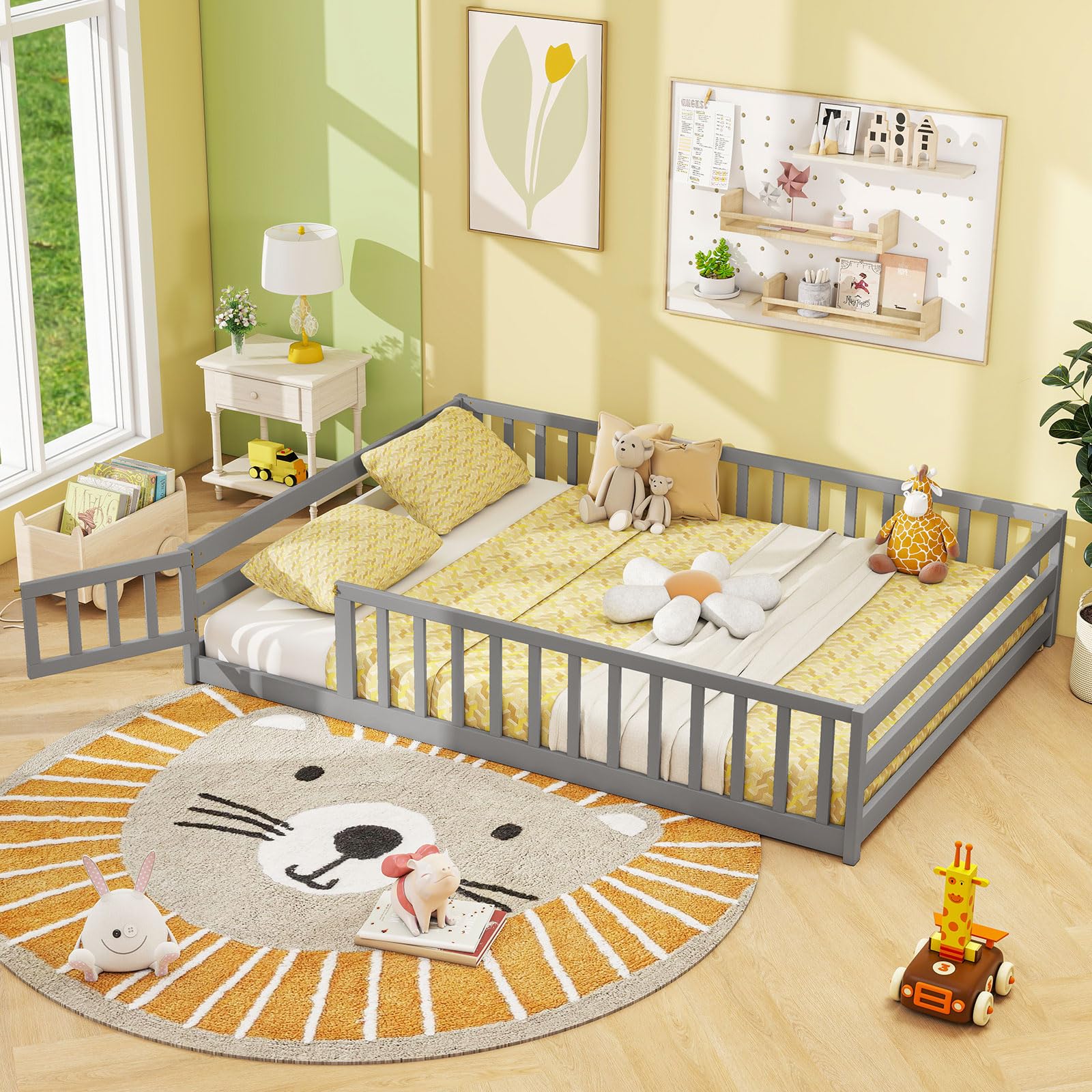 Giantex Full Floor Bed with Door & Fence, Kids Wood Montessori Beds with Safety 