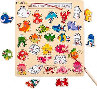 Magnetic Wooden Alphabet Fishing Game for Kids Ages 3-5, ABC Letter Puzzle Board with 26 Sea Animal Pieces, Preschool Learning Fine Motor Toy for Boys Girls 3 4 5
