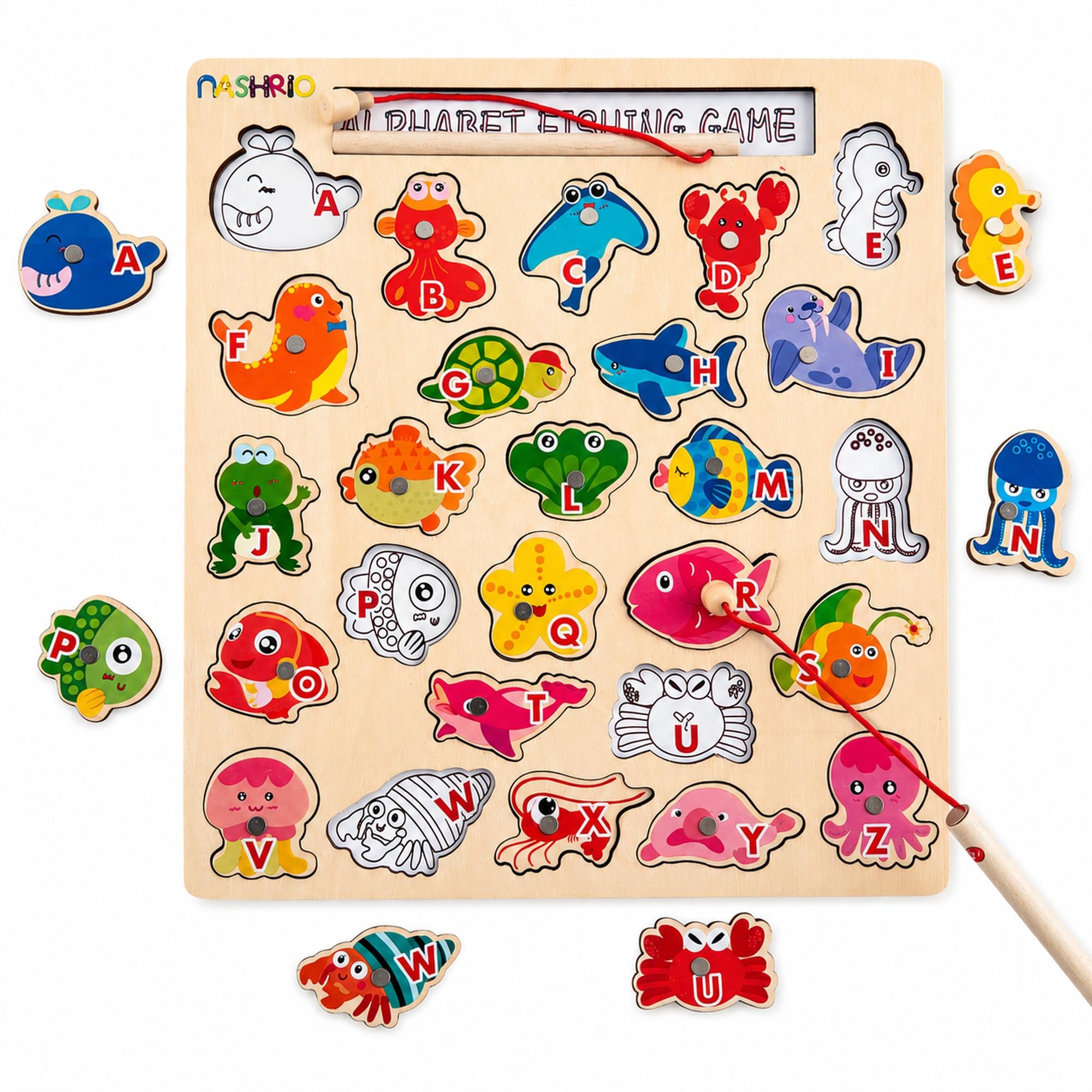 Magnetic Wooden Alphabet Fishing Game for Kids Ages 3-5, ABC Letter Puzzle Board