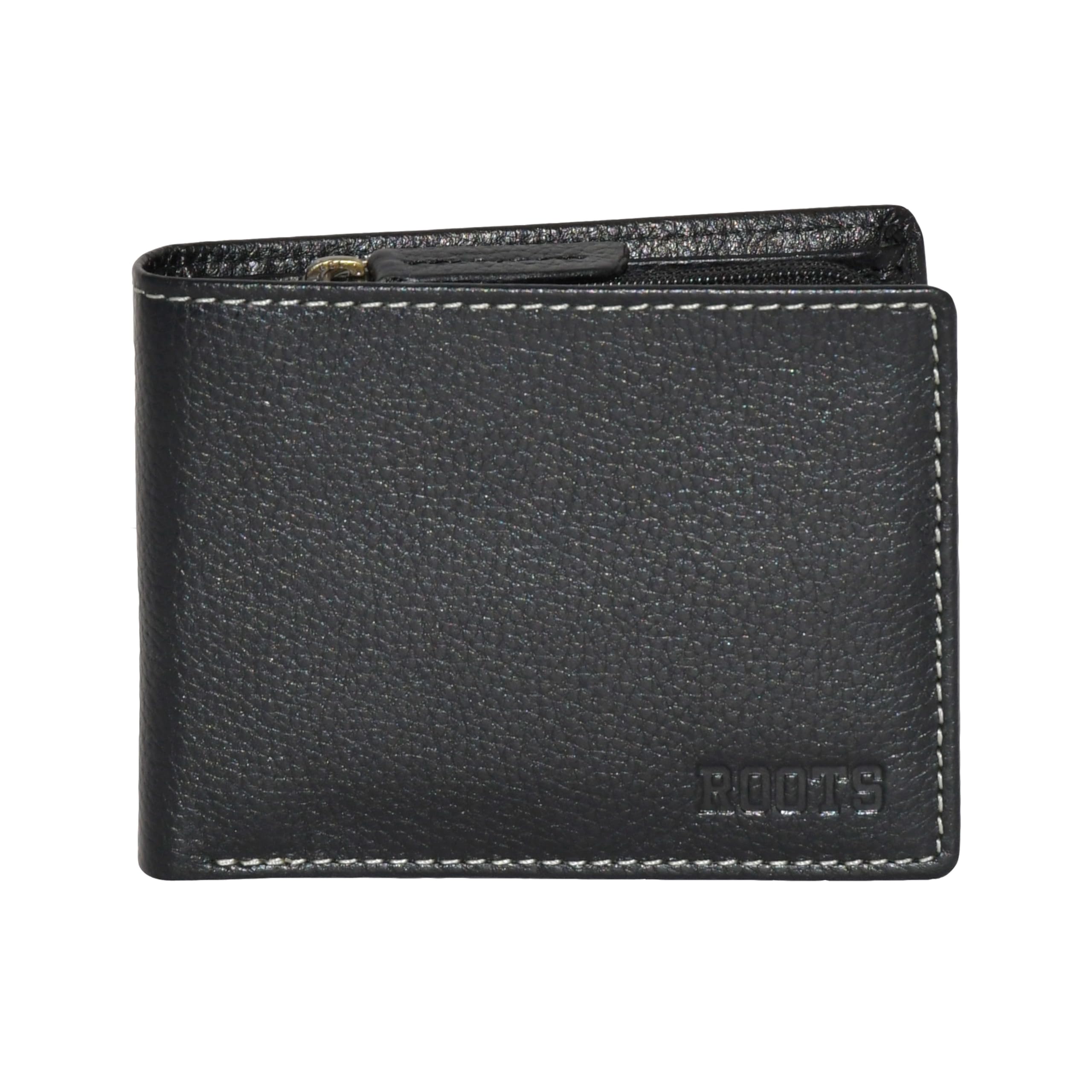 ROOTS Men's Genuine Leather Bifold RFID Blocking Slim Wallet Zip Coin Pocket Car