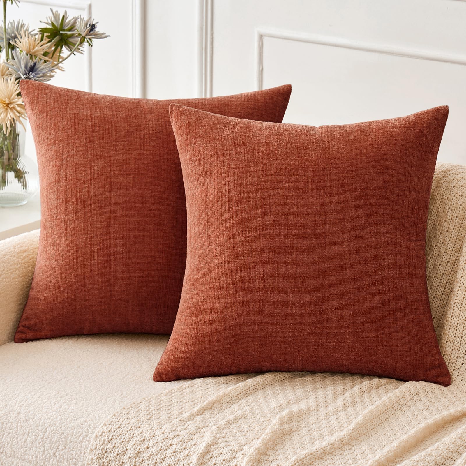 MIULEE Soft Chenille Fall Throw Pillow Covers Burnt Orange 18x18 Pack of 2 | Mod