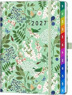 Diary 2027 Week to View A5, Full Year Weekly & Monthly Planner from Jan 2027 to Dec 2027, UK Holiday, Hardcover, Gradient Colorful Tabs, Notes, Back Pocket - Spring Garden