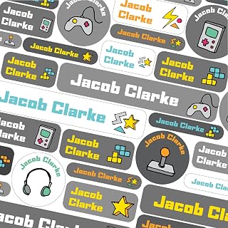 123 School Name Labels for Children No Iron Name Tags for Clothes Name Stickers for Water Bottles, Uniform, Secondary School, College, Care Homes, Washable and Dishwasher Safe (Gaming)