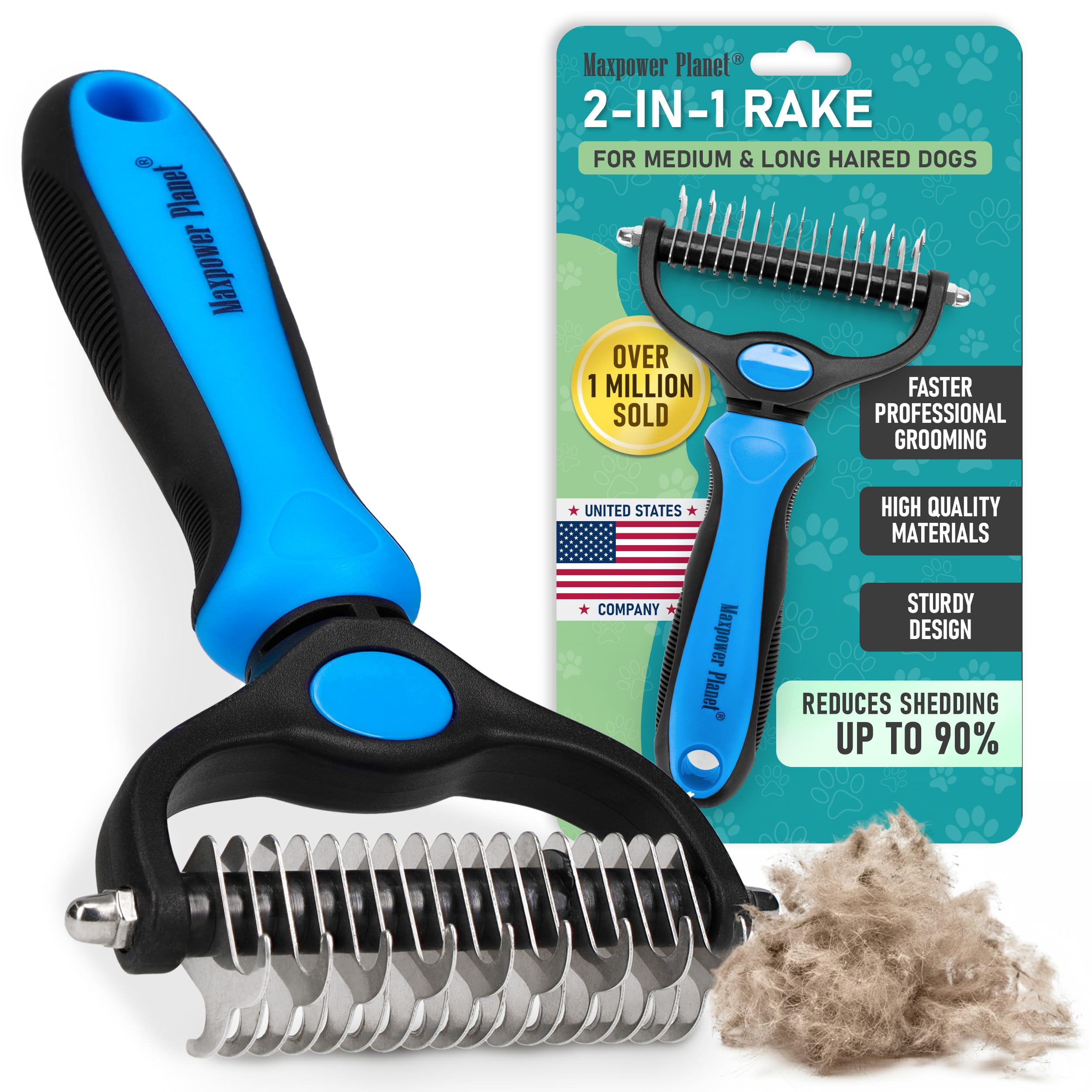 Maxpower Planet Dog Grooming Rake, Deshedding Undercoat Brush, Dogs & Cats | Blu