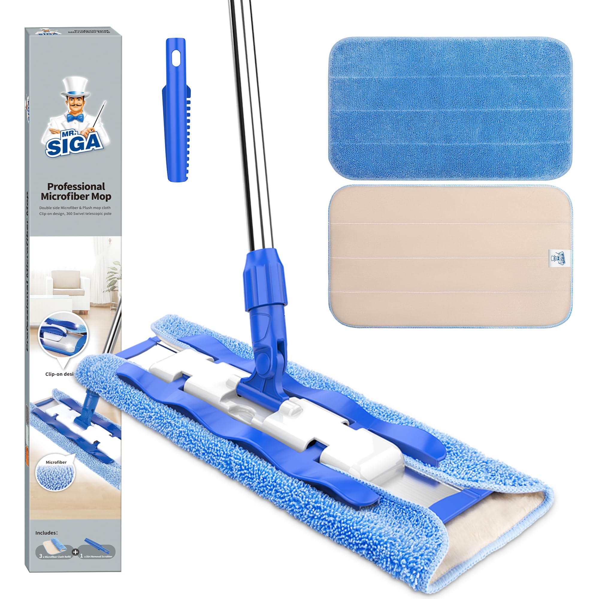MR.SIGA Professional Microfiber Mop for Hardwood, Laminate Floor Cleaning | Stai