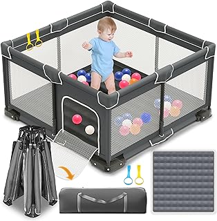 ICAREWAY Foldable Playpen for Babies and Toddlers, 50x50 Inches Portable Playpen, Kids Collapsible Play Pen with 2 Handlers, Indoor &amp; Outdoor Baby Fence Play Area with Visible Mesh, Dark Gray