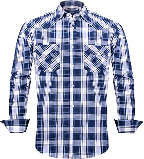 Men’s Western Cowboy Shirts-Long Sleeve Snap Button Plaid Shirt, Regular Fit Cotton Casual Shirt
