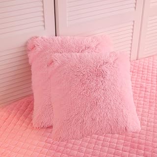 LIFEREVO Fluffy Faux Fur Throw Pillow Covers Pack of 2, Pink