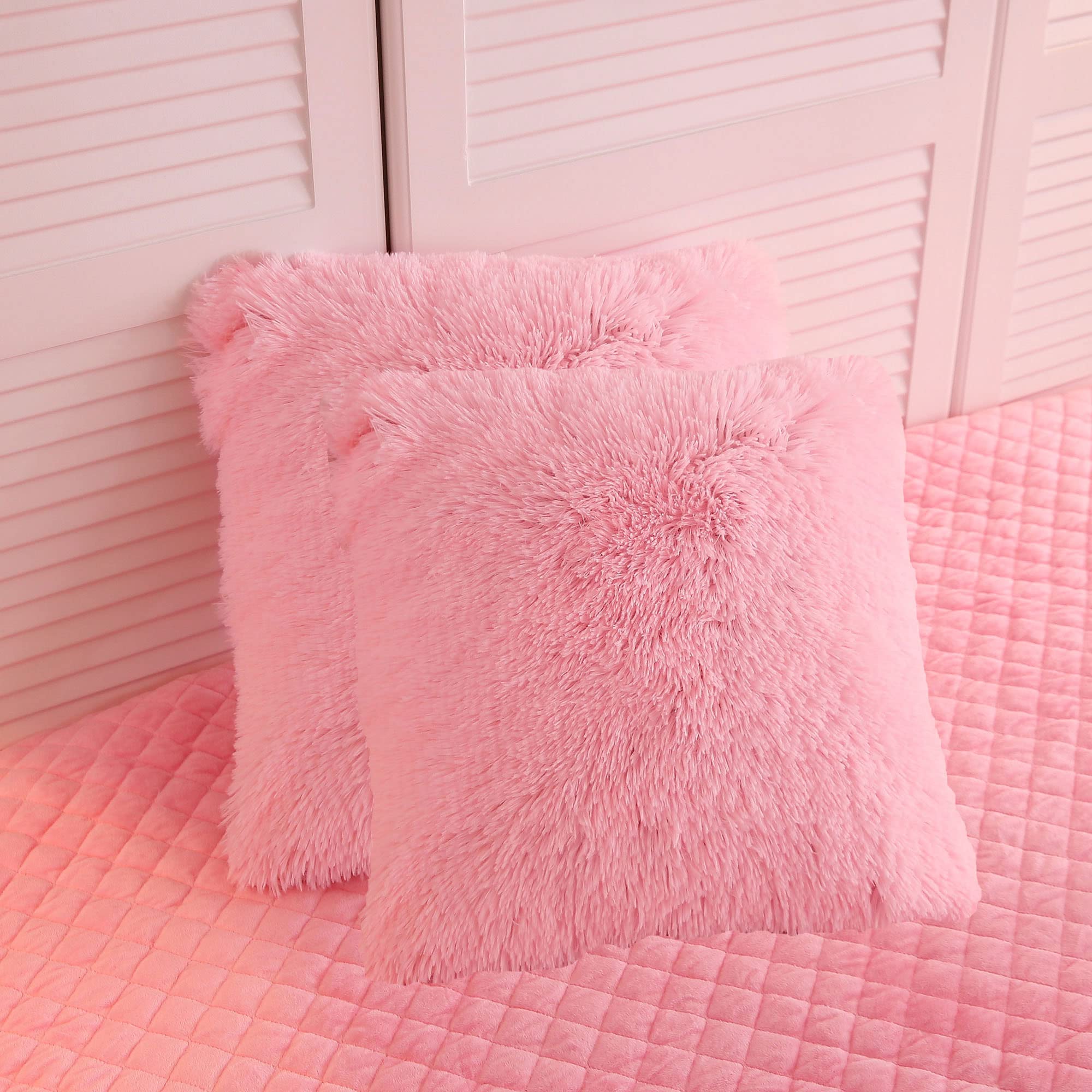LIFEREVO Fluffy Faux Fur Throw Pillow Covers Pack of 2, Pink